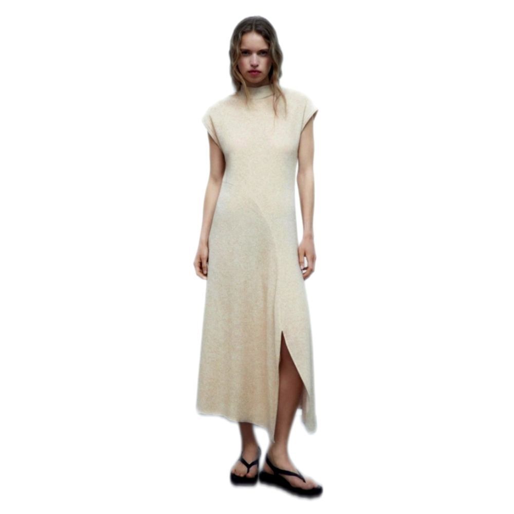Zara NWT Cream & Gold Metallic Knit Mock Turtleneck Short Sleeved Midi Dress, S